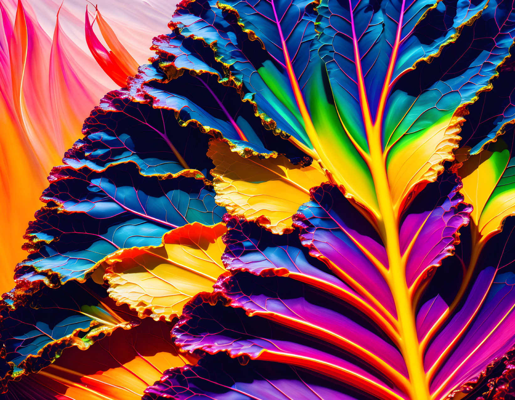 Vivid Digital Art: Fiery, Iridescent Kale-Like Leaves