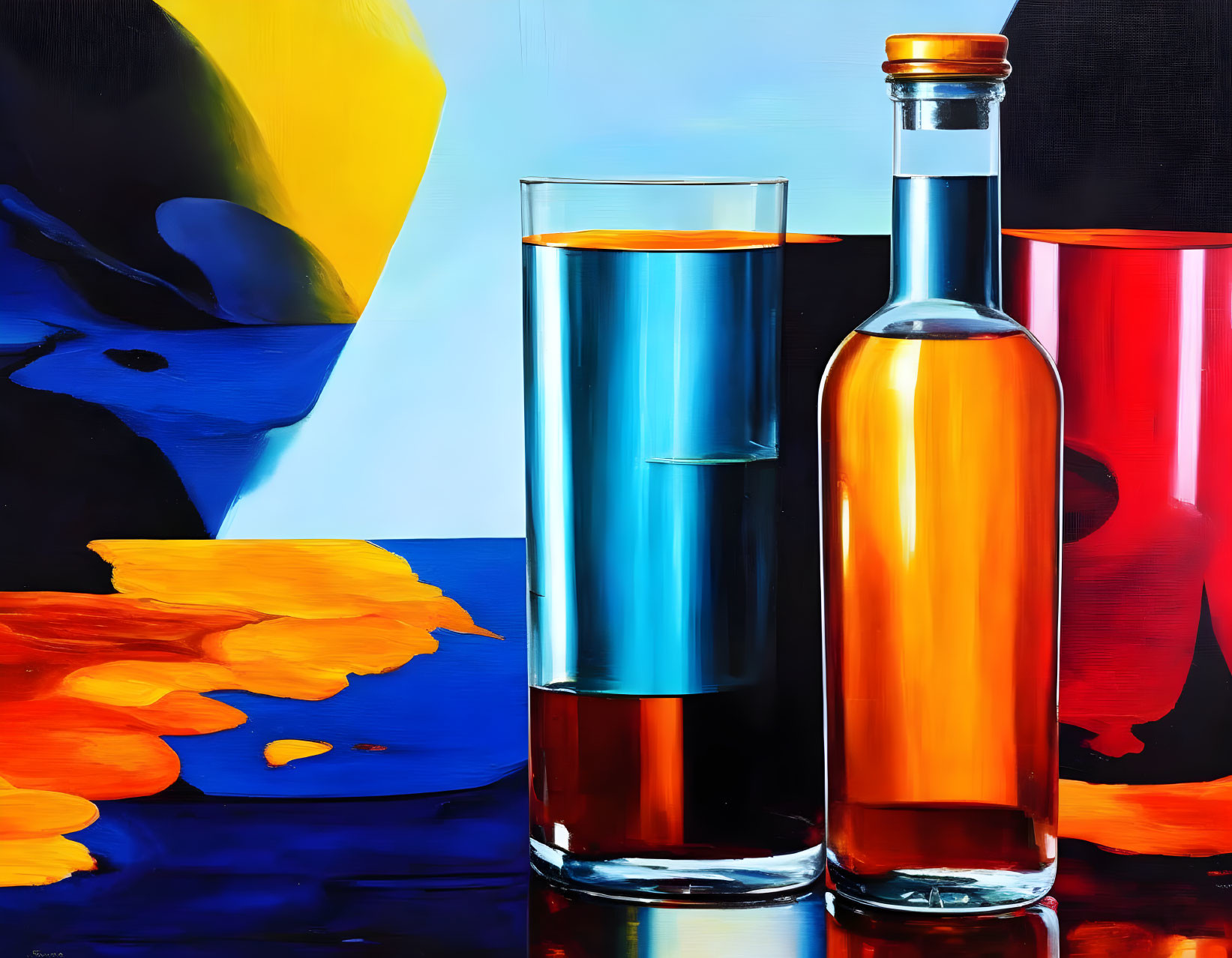 Colorful Still-Life Painting with Glass and Bottle on Abstract Background