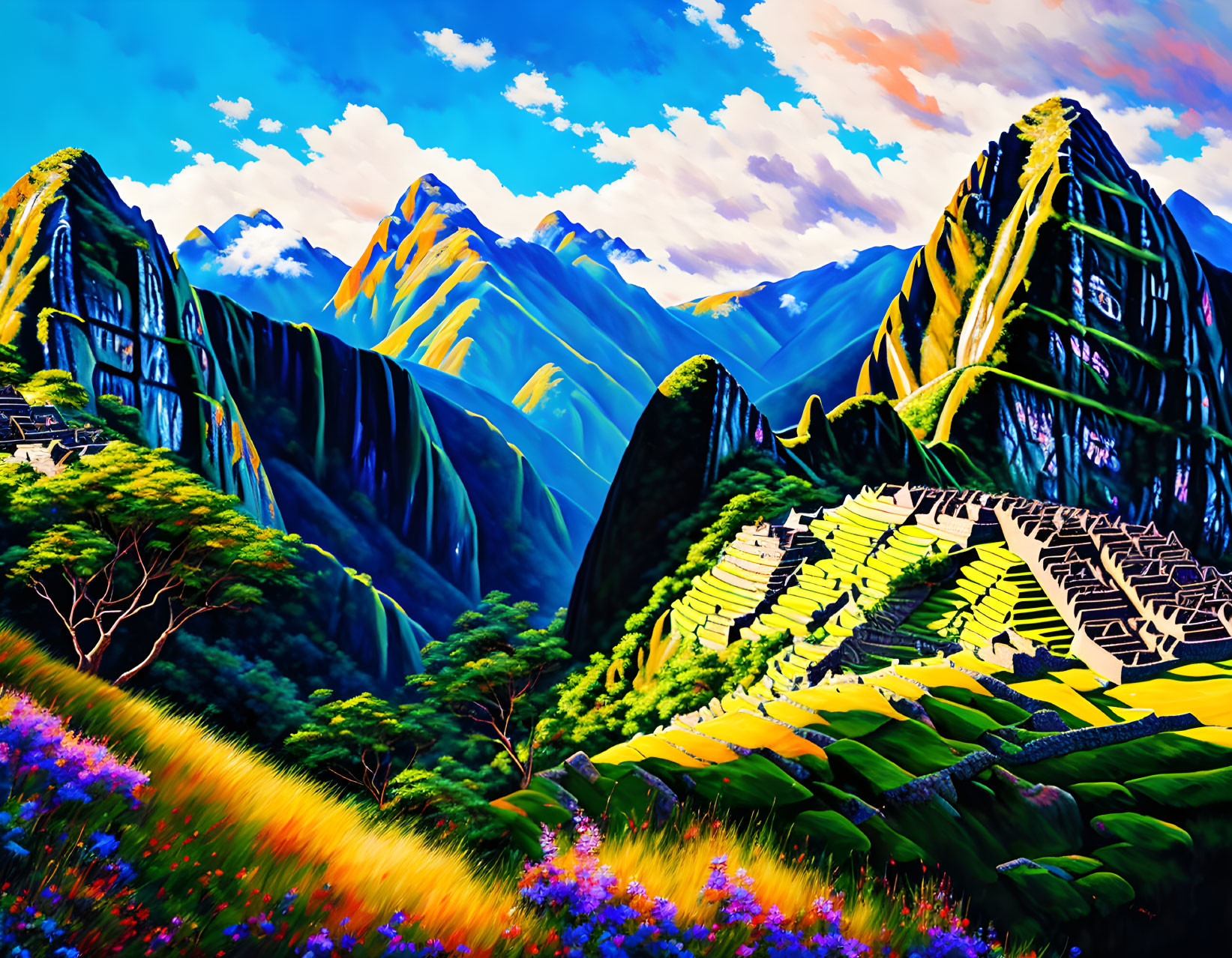 Colorful mountain landscape with terraced fields and flowers