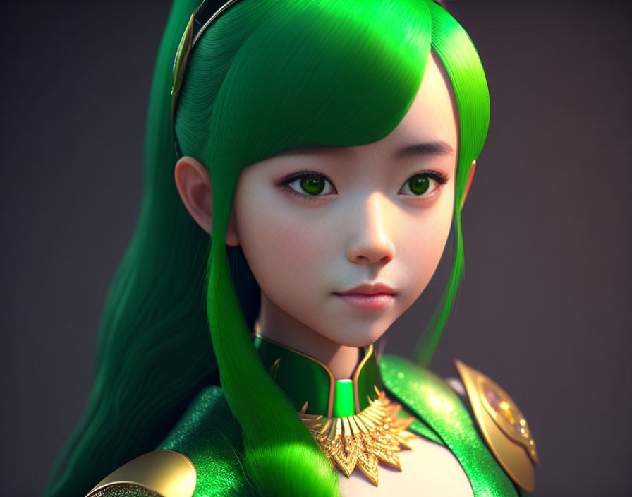 Green-haired girl in golden armor on grey background