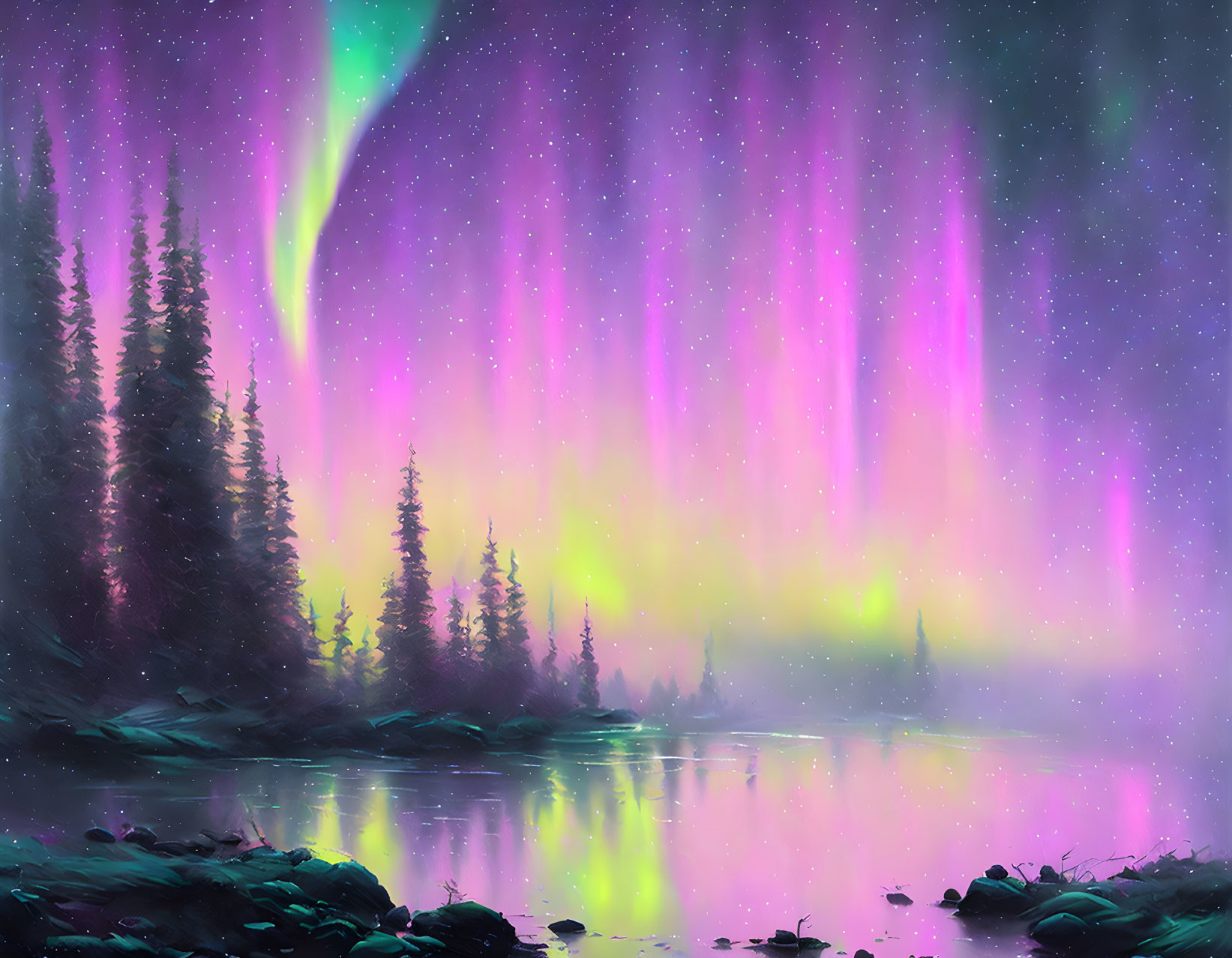 Spectacular digital artwork: serene lakeside scene with aurora borealis