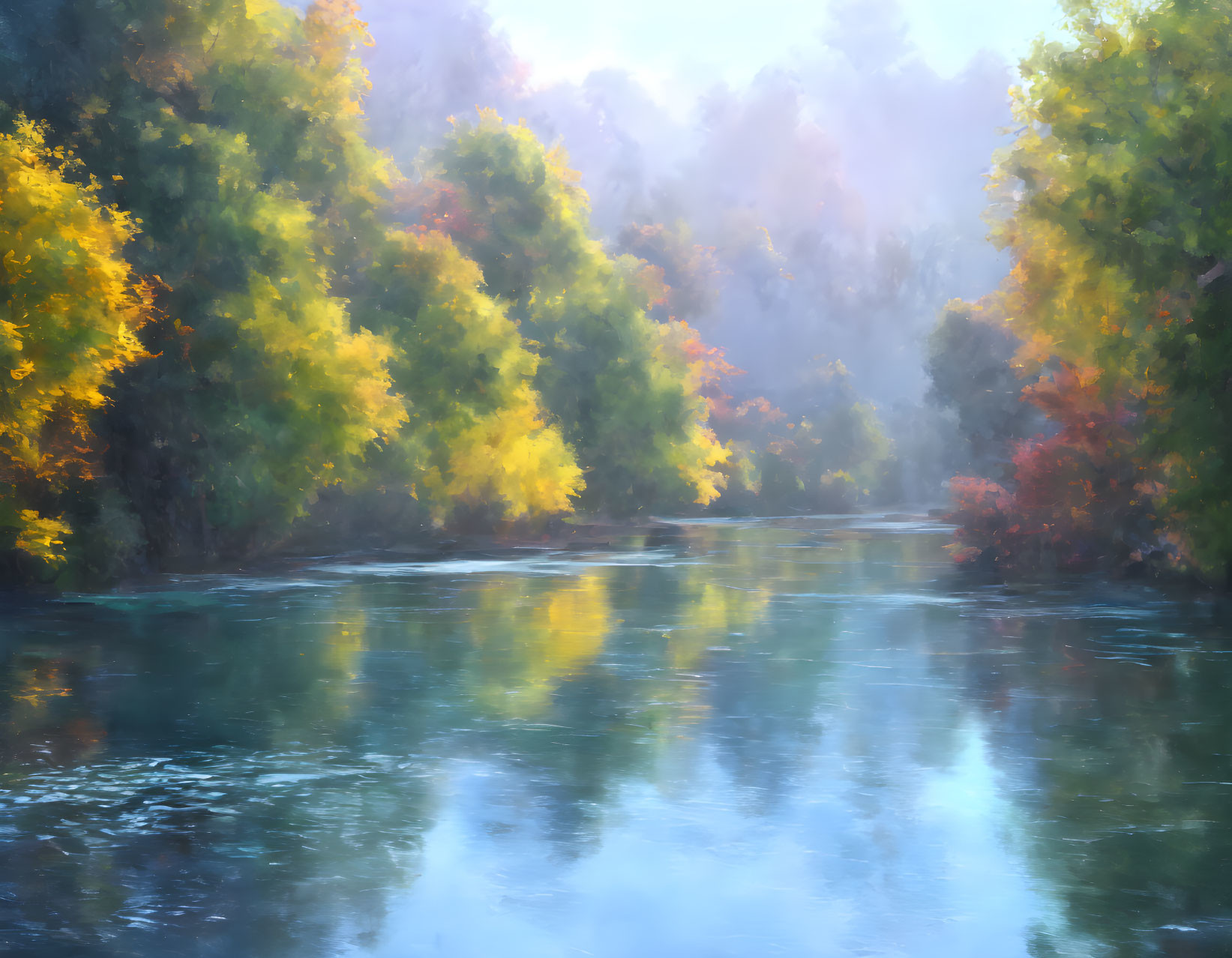 Tranquil river in misty autumn forest with colorful trees