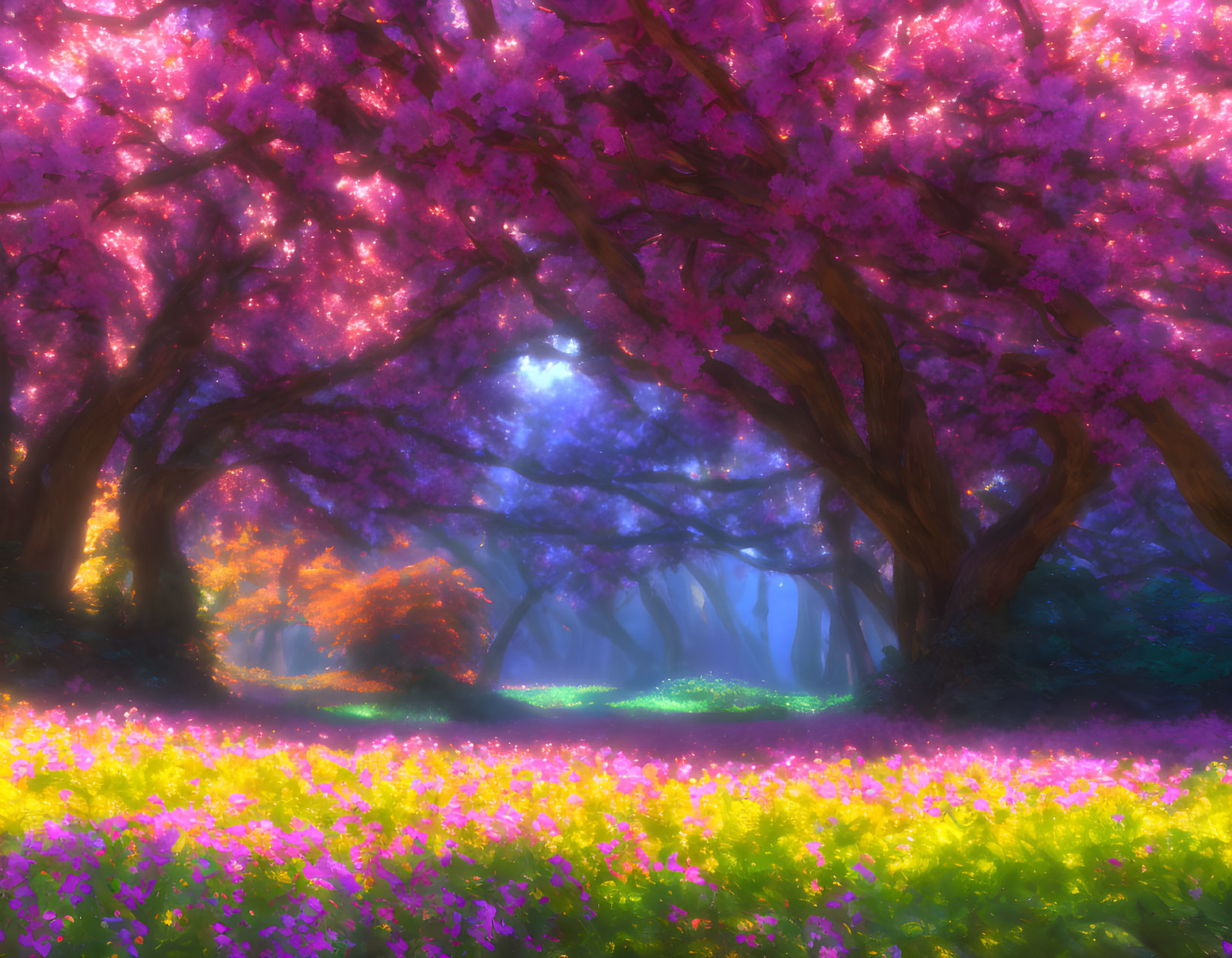 Fantasy forest with pink blossoming trees and mystical light