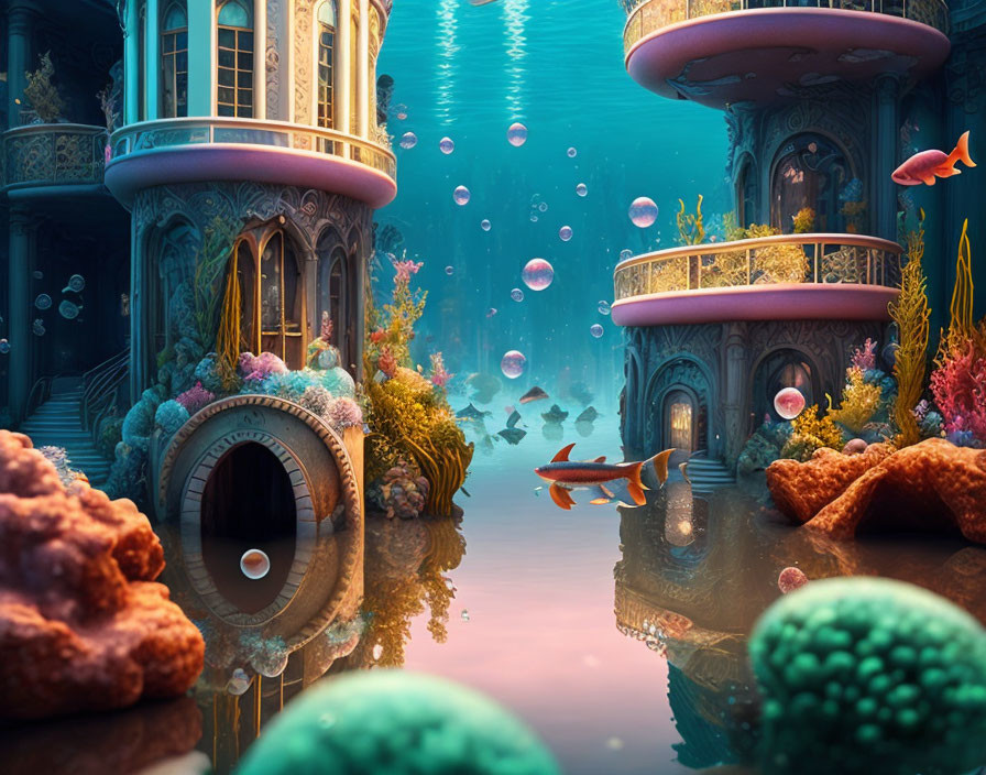 Colorful underwater scene with ornate buildings, fish, and bubbles