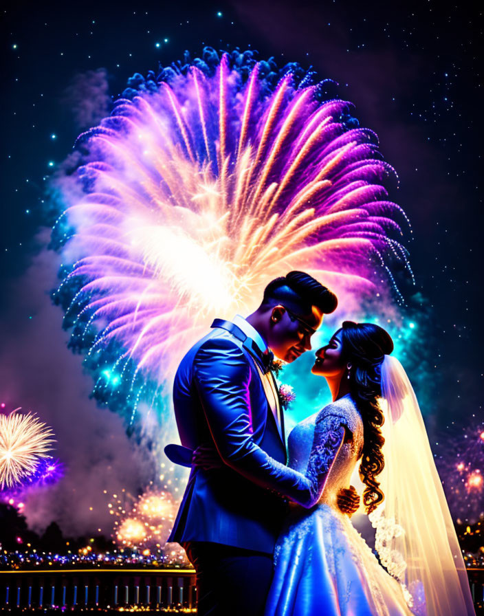 Formal couple shares intimate moment with vibrant fireworks.