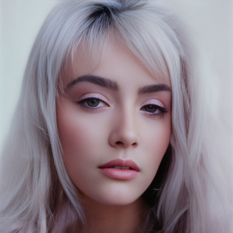 Close-up of person with shoulder-length silver hair and pink eyeshadow