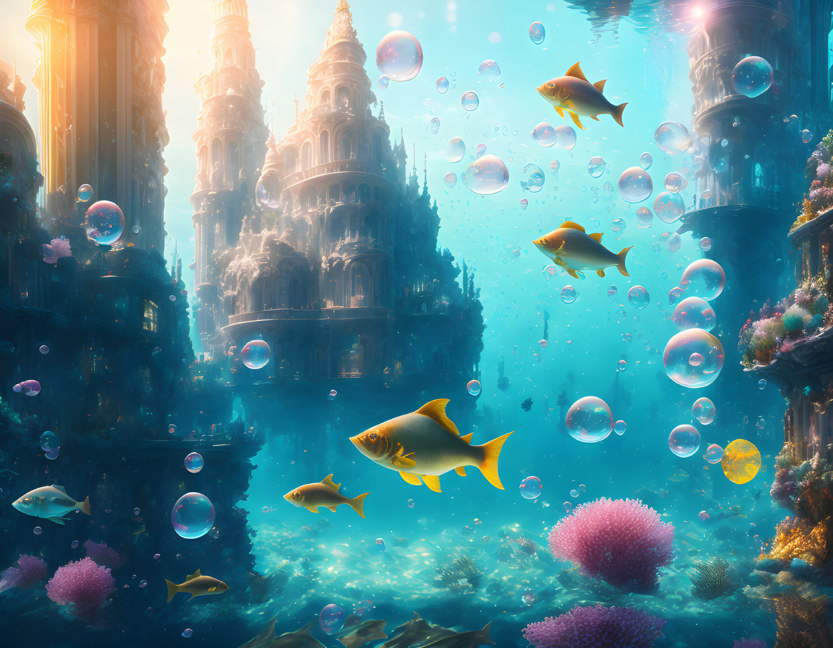 Fantasy underwater scene with fish, ancient buildings, coral, and bubbles in sunlit blue sea