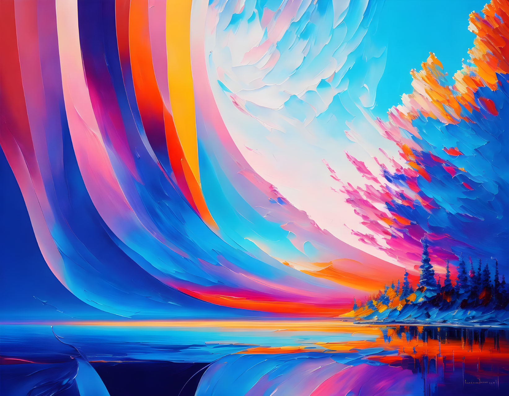 Colorful Abstract Landscape: Swirling Sky, Water & Tree-lined Shore