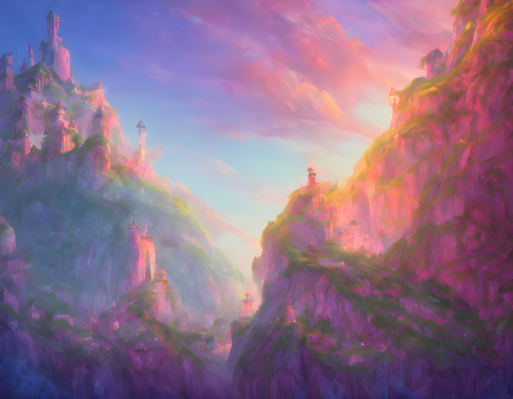 Majestic castles in vibrant fantasy landscape