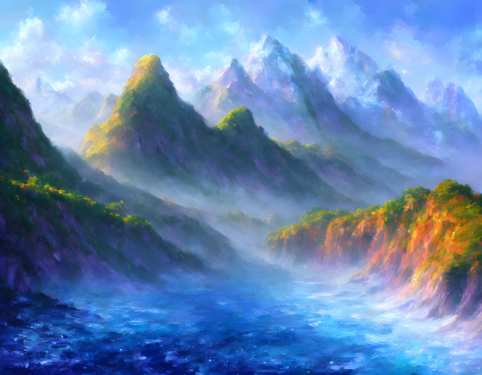 Misty mountains and serene river in soft light