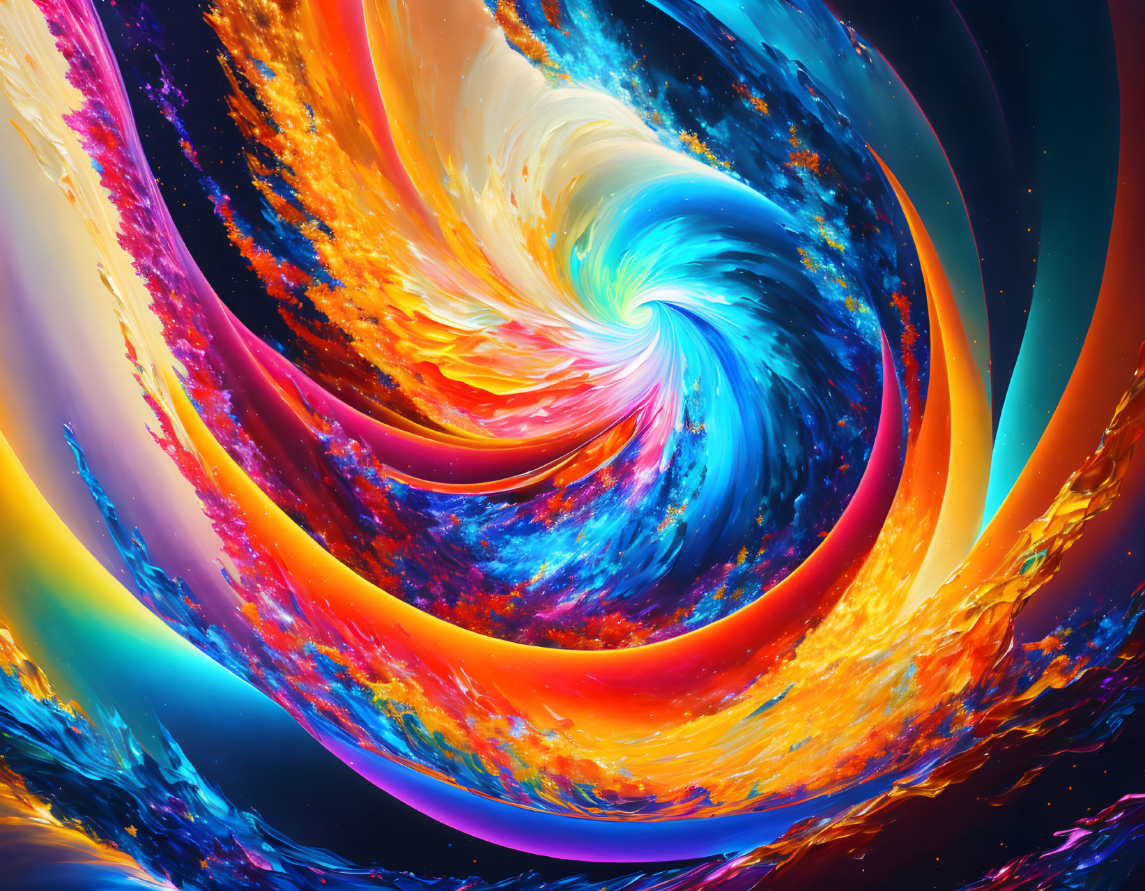 Colorful swirling vortex digital artwork with fiery textures in blue, orange, red, and yellow hues.