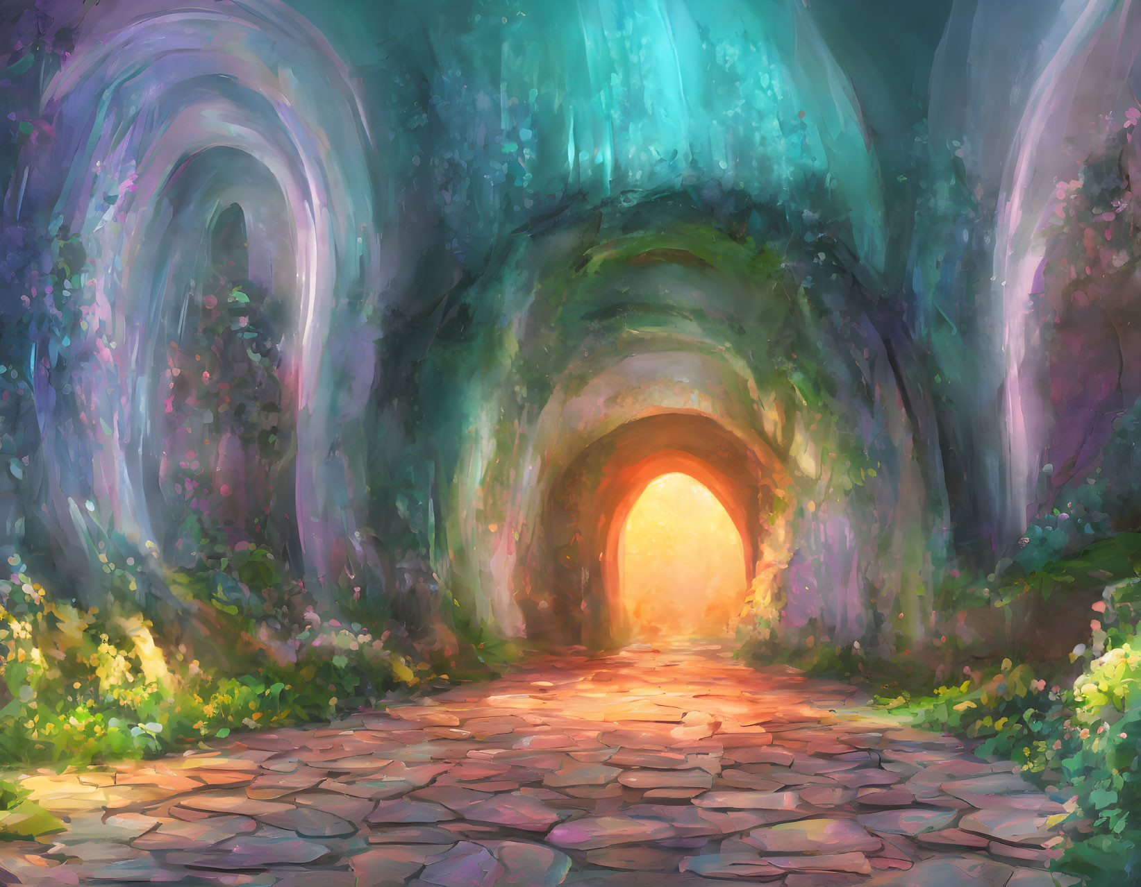 Whimsical tunnel illustration with glowing light and lush foliage