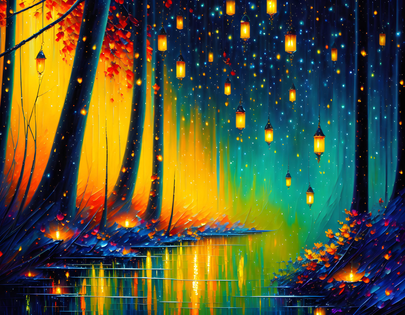 Colorful Forest Scene with Hanging Lanterns, Starry Sky, Autumn Leaves, and River Reflections