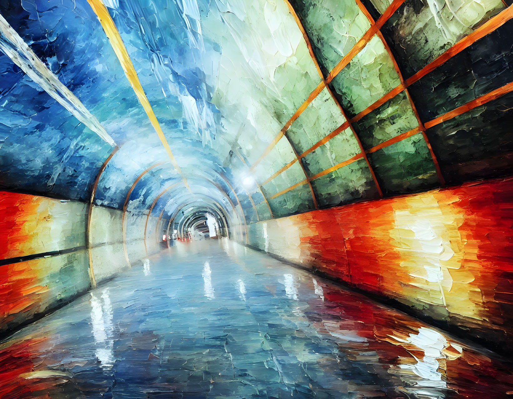 Vibrant painted tunnel with reflective floor and orange & blue lights