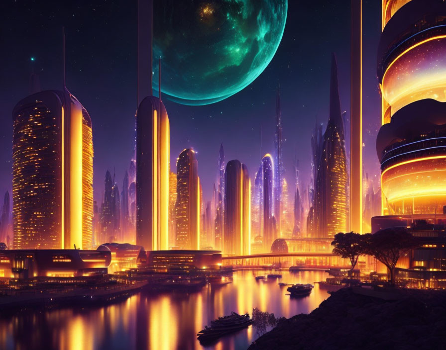 Futuristic twilight cityscape with glowing skyscrapers and green planet.