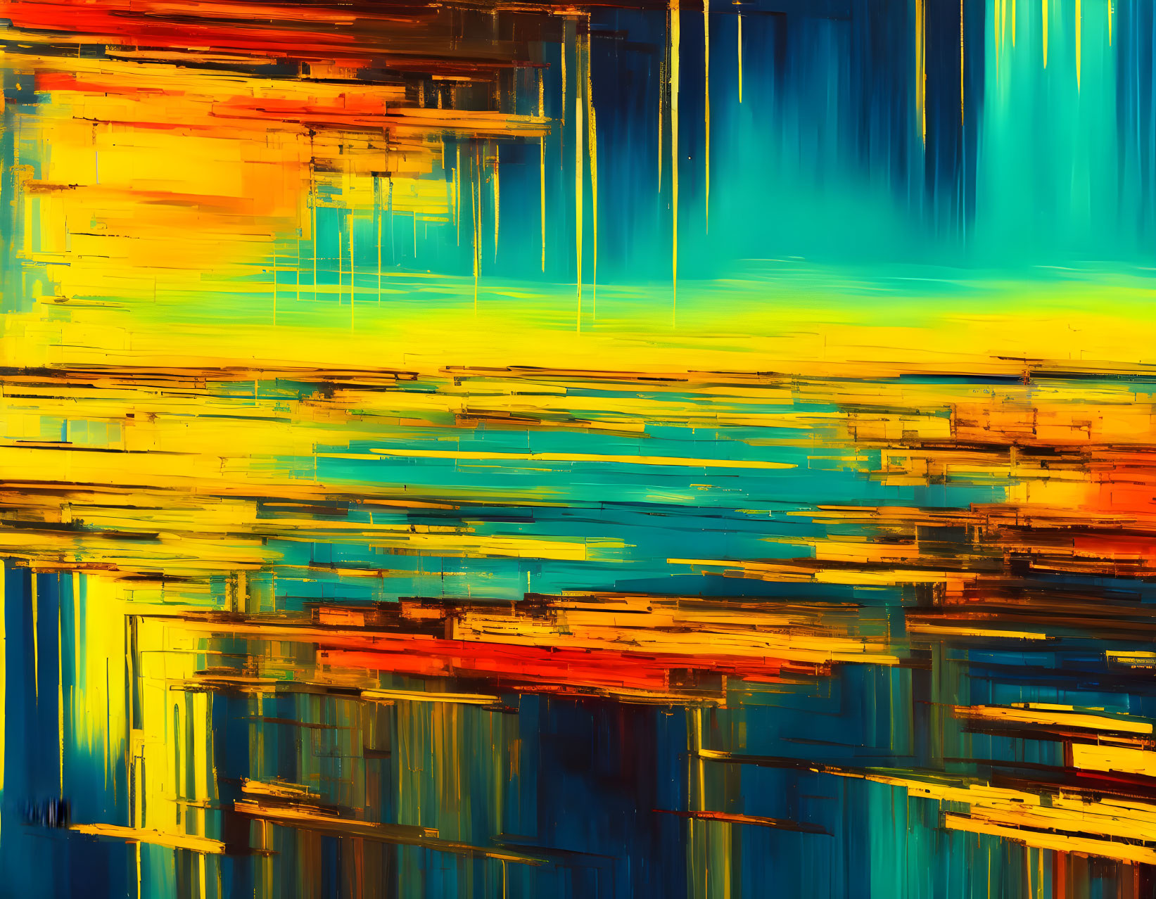 Vibrant Abstract Digital Painting with Yellow, Blue, and Red Streaks