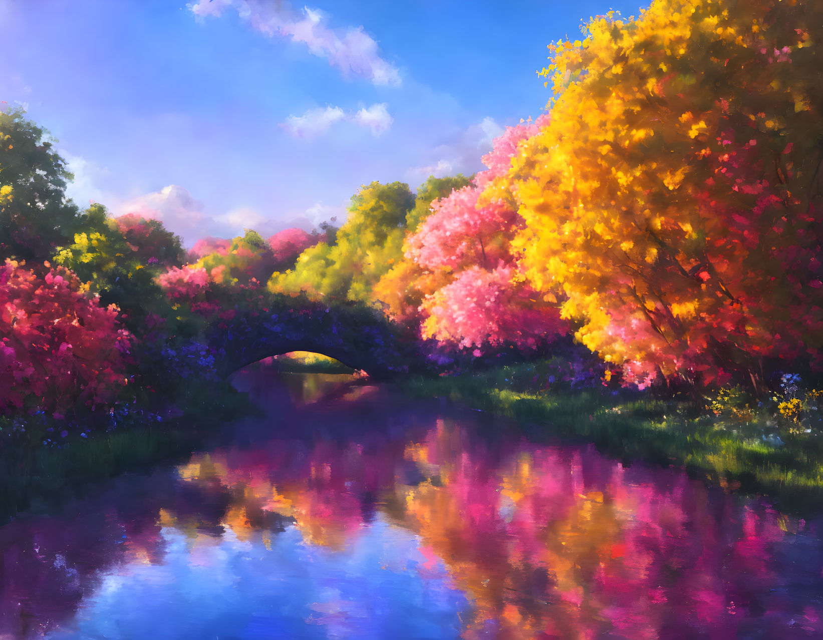 Colorful landscape with stone bridge over reflective river