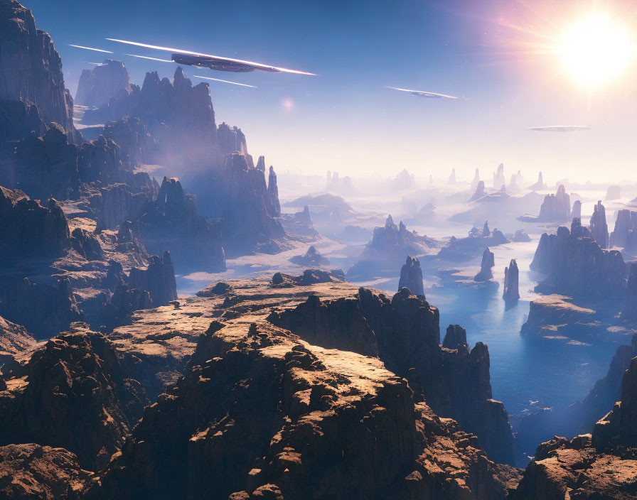 Sci-fi landscape with towering rocks, sunset sky, and spaceships above ocean