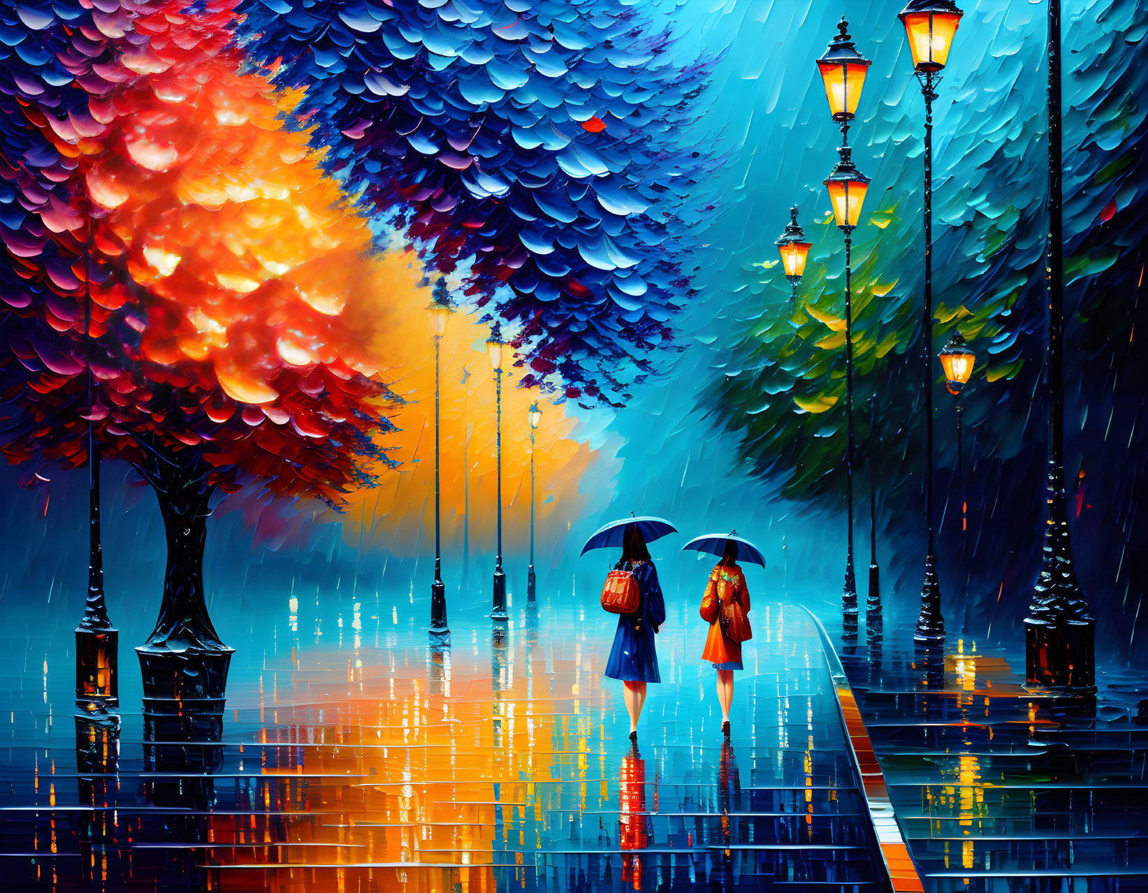 Colorful painting: Two people with umbrellas on rainy street