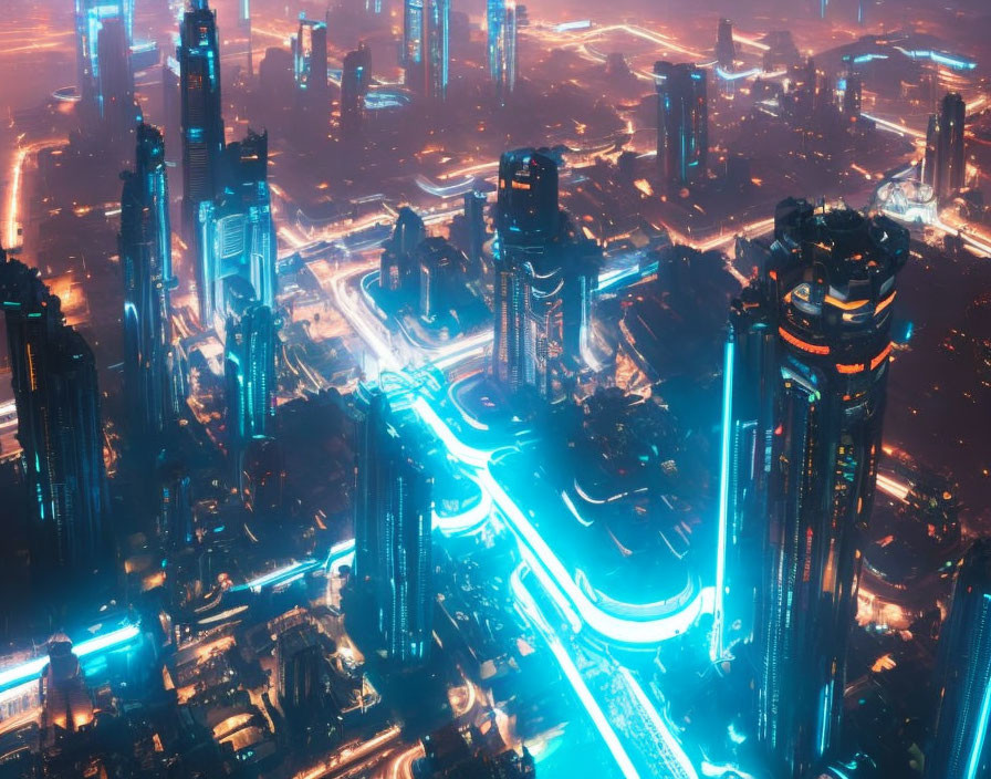 Nighttime Futuristic Cityscape with Neon Blue Lights and Skyscrapers