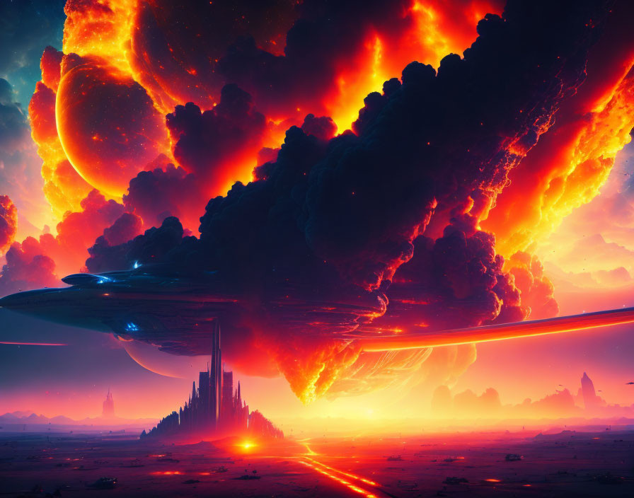 Volcanic explosion in futuristic landscape with spaceship and towering structures