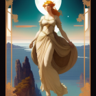 Regal woman in golden gown between pillars with moon landscape