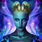 Digital Art Portrait of Woman in Blue and Gold Headpiece and Armor