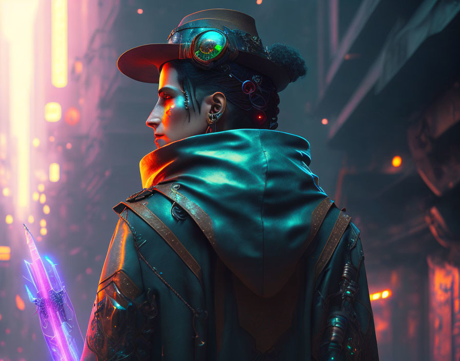 Cyberpunk character with purple blade in futuristic cityscape