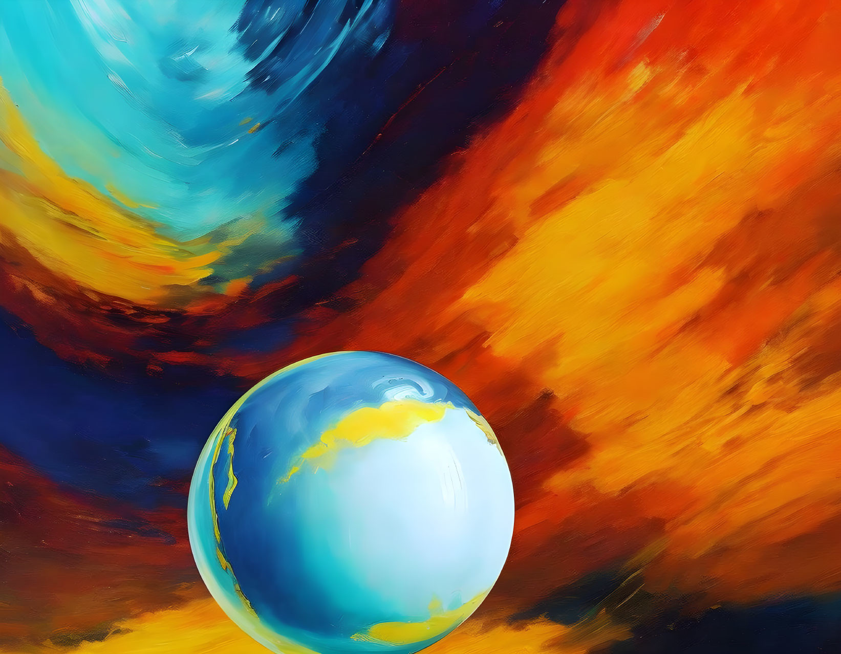 Abstract Painting: Blue Sphere with Yellow Highlights on Fiery Orange and Cool Blue Background