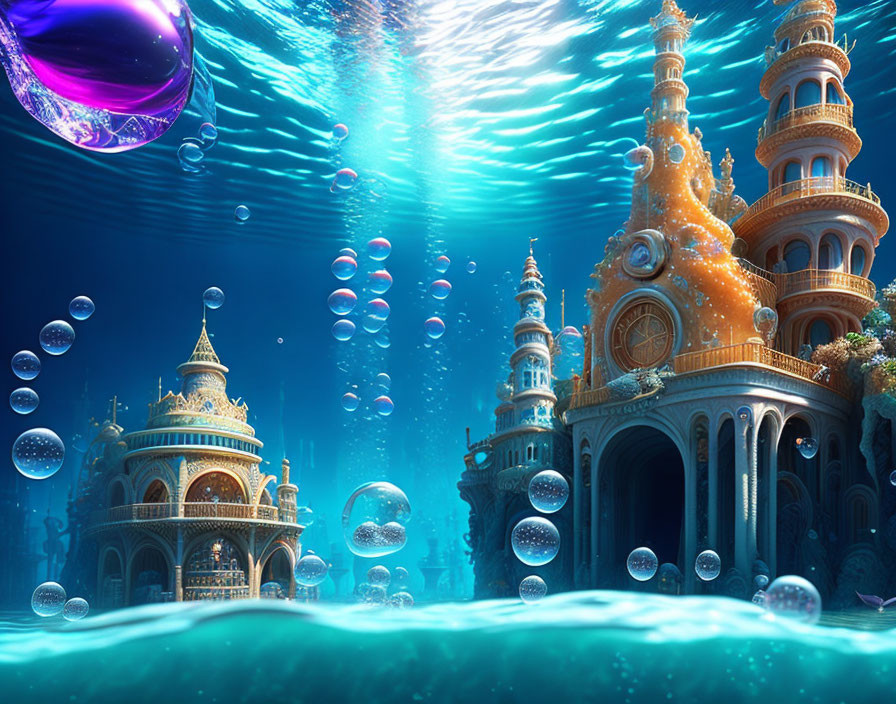 Golden-domed underwater city with glowing purple orb in clear blue waters