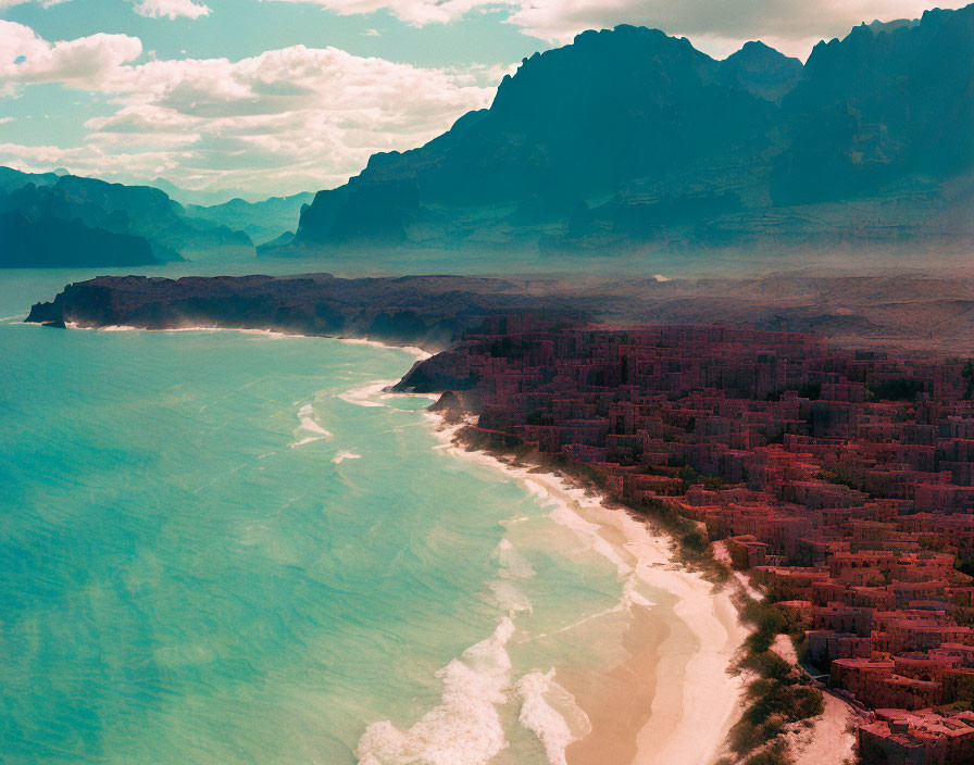 Turquoise Waters, Sandy Beach, Rugged Mountains, Pink Sky