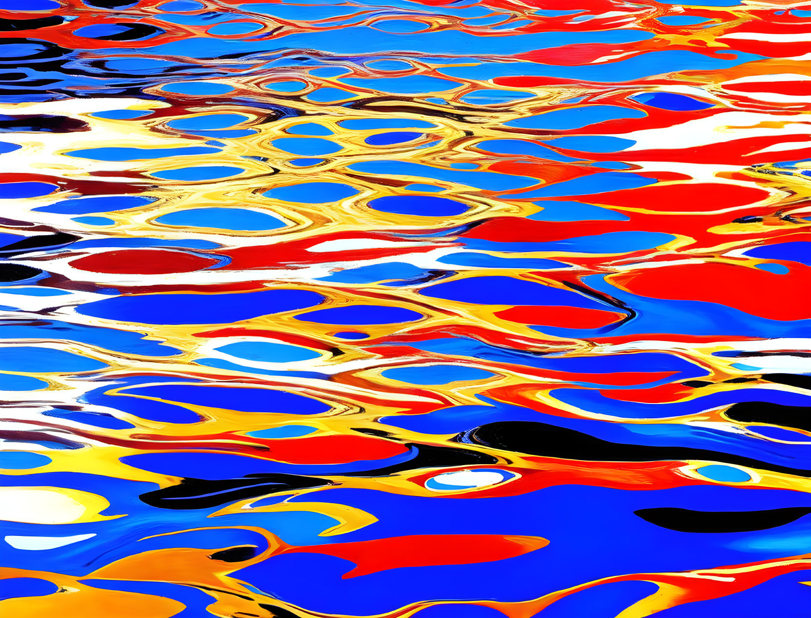 Colorful Abstract Water Reflections with Red, Yellow, Blue, and Black Waves