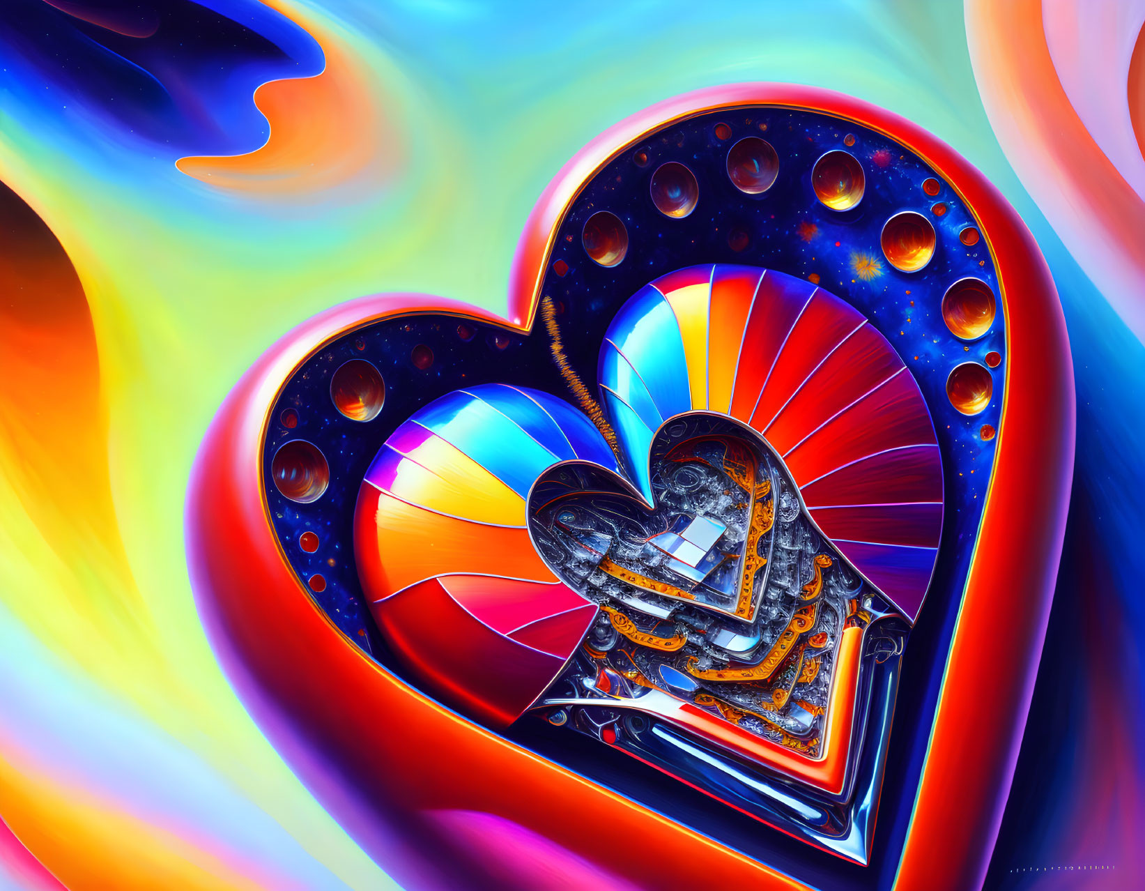 Colorful digital art: Heart with mechanical details on abstract background