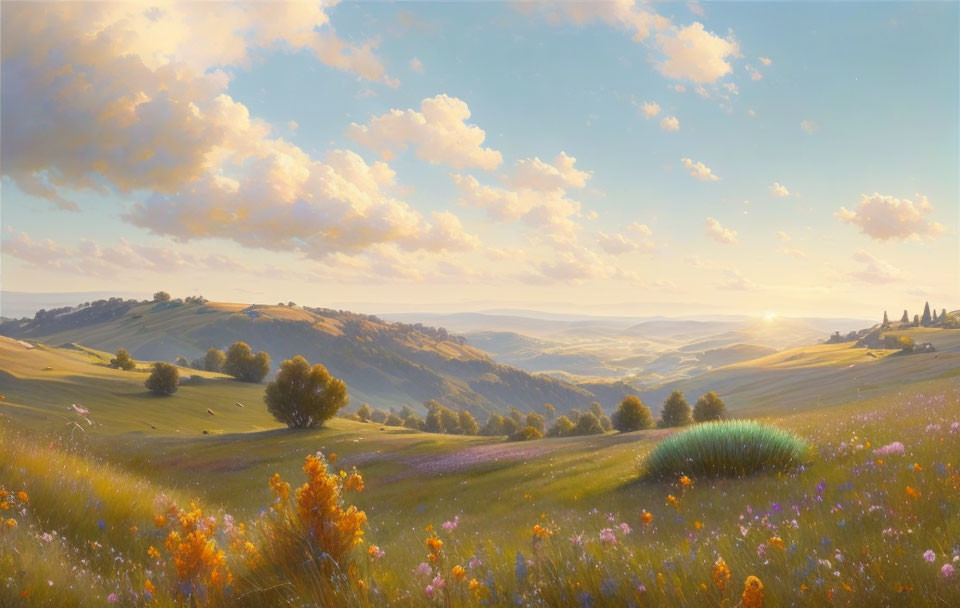 Tranquil sunrise landscape with rolling hills and fluffy clouds