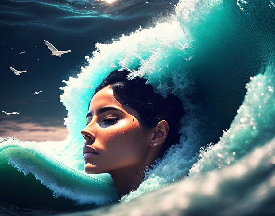 Woman's Face Emerging from Ocean Waves with Seagulls: Serene Nature Scene