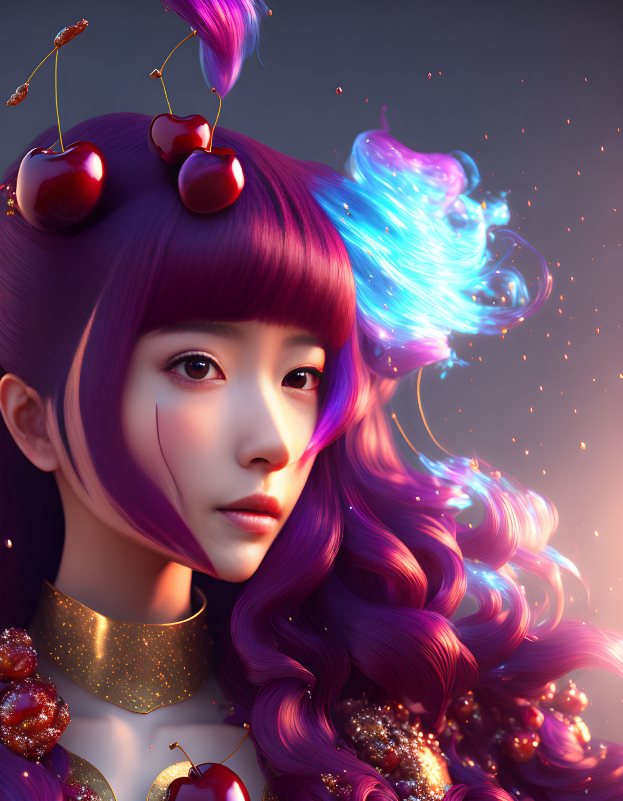 Fantasy portrait of woman with purple hair, cherries, blue flame, and gold choker