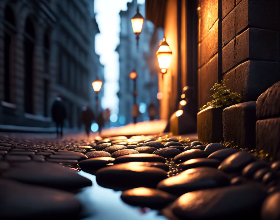 Cobblestone Street at Dusk with Glowing Lamps and Silhouette