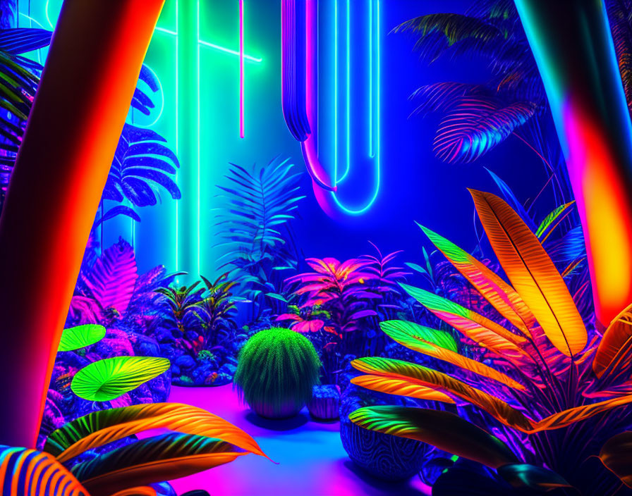 Colorful neon lights brighten dark room with tropical plants