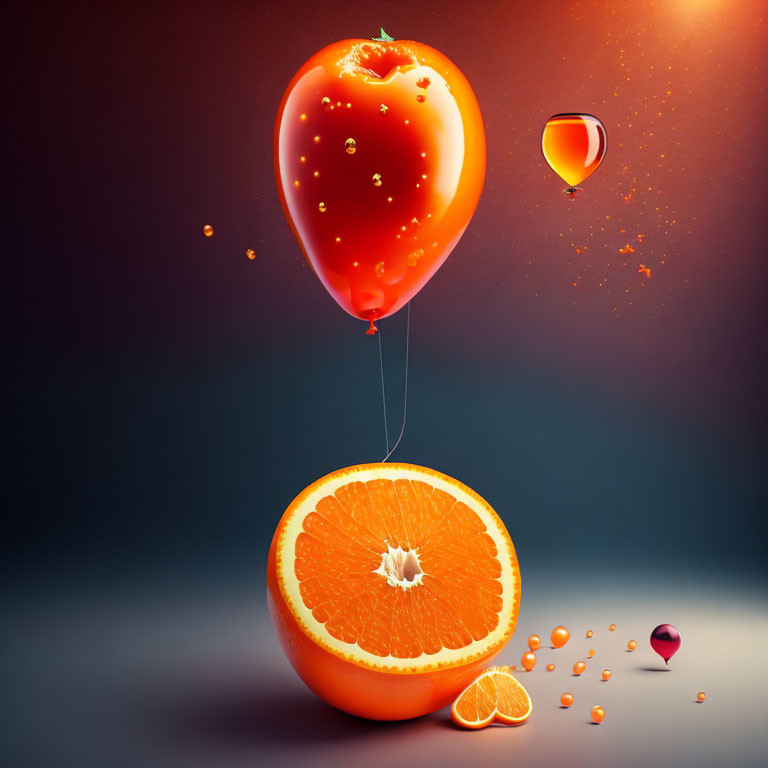 Colorful floating tomato balloon with orange, juice splashing, and suspended wine glass