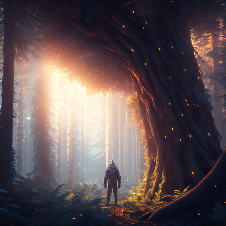 Armored figure in mystical forest with towering trees and glowing particles.