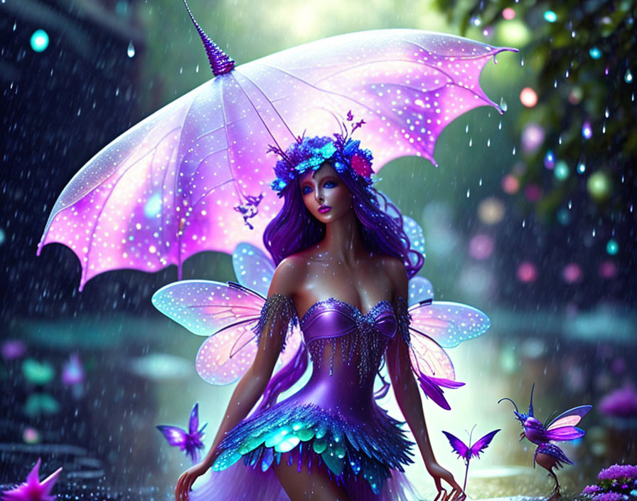 Fantasy artwork: Fairy with iridescent wings in rain shower