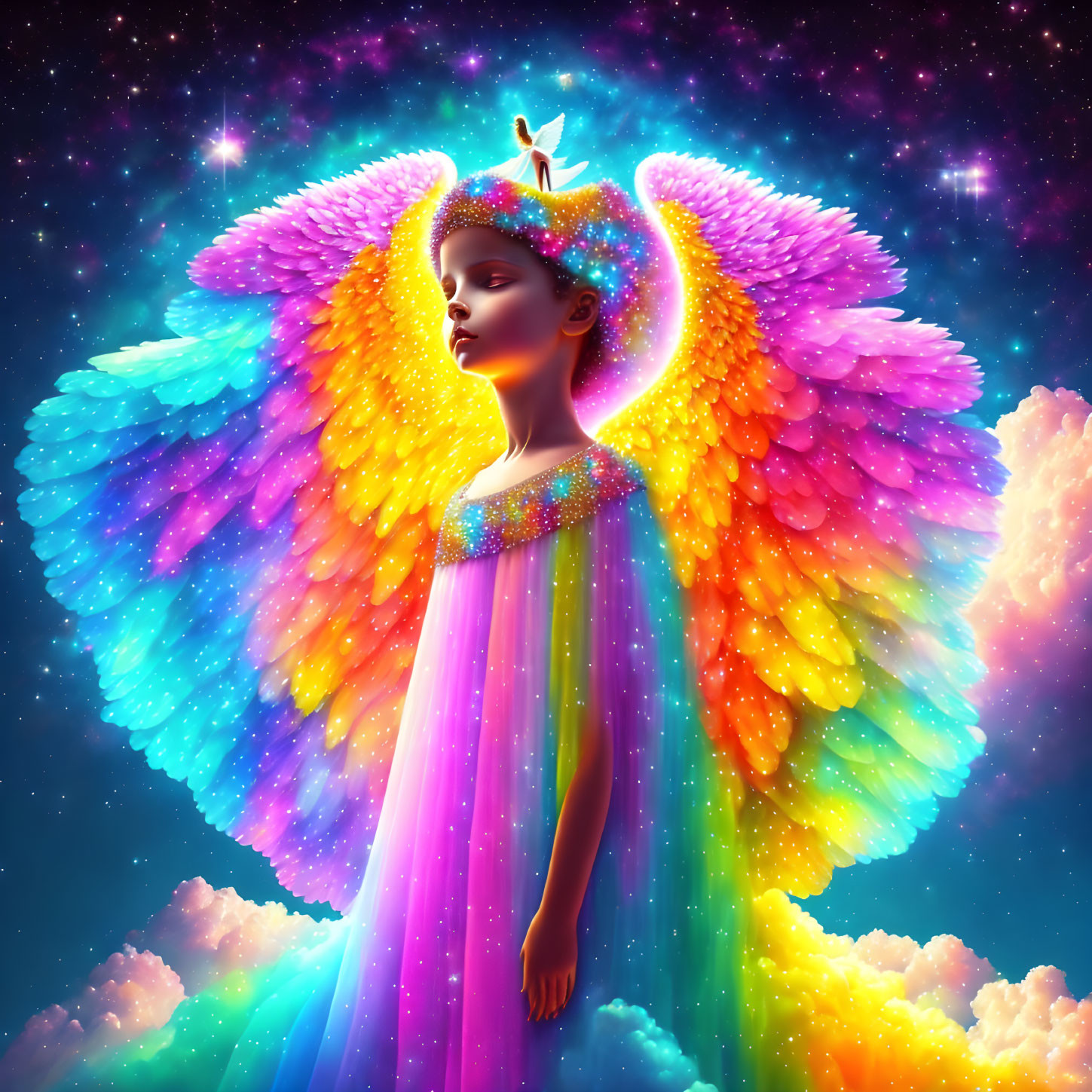 Colorful Angel Artwork with Cosmic Background