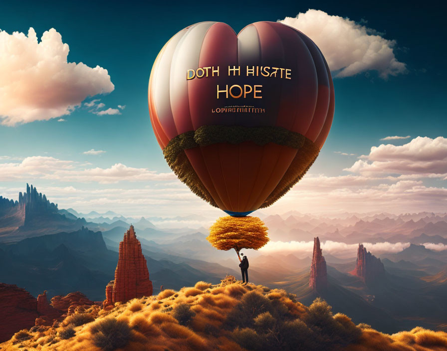 Heart-shaped hot air balloon with "HOPE" above orange cliffs and vibrant sky