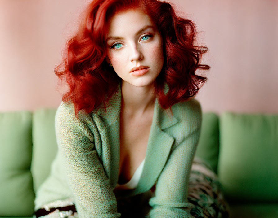 Voluminous red hair and blue eyes woman in light green jacket against pink backdrop