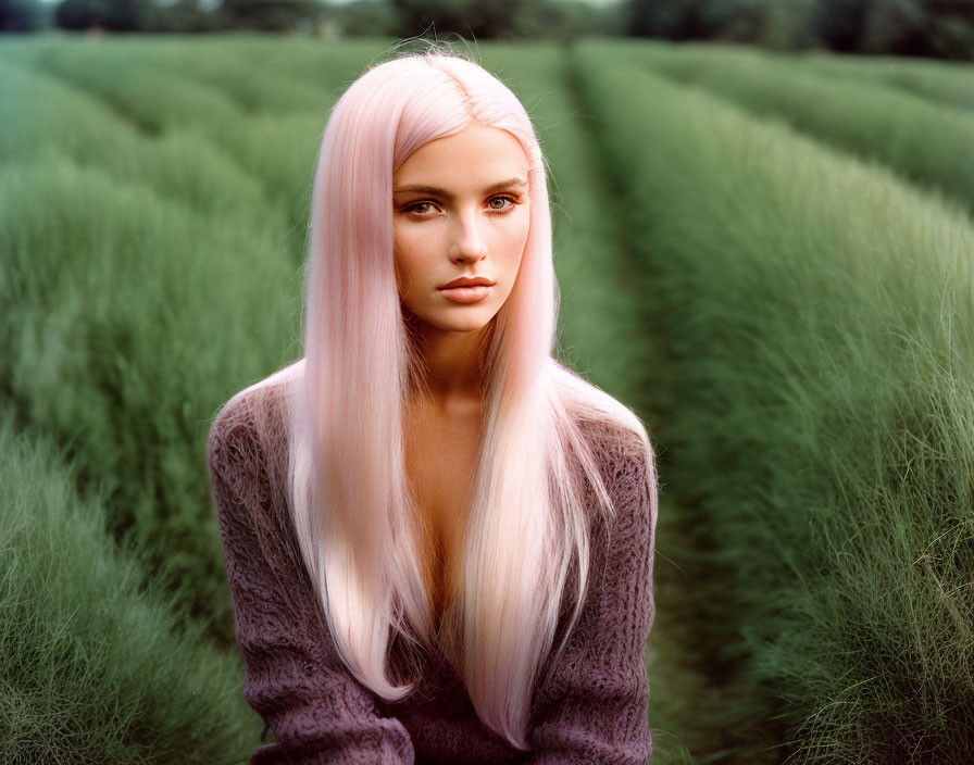 Pink-haired woman in mauve sweater gazes thoughtfully in tall grass