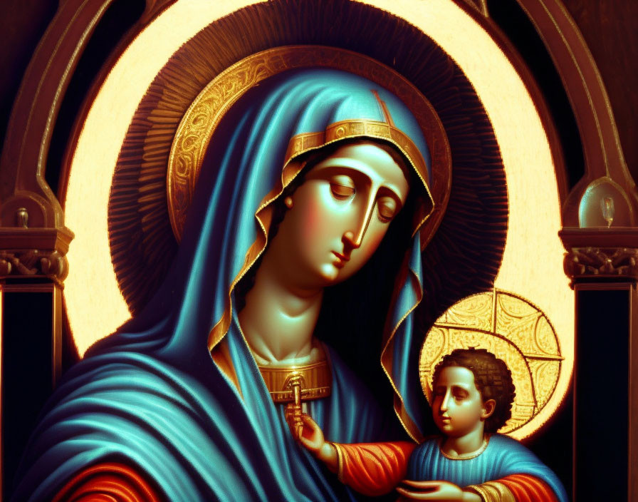 Icon of Virgin Mary and Child in Blue Robes with Golden Accents