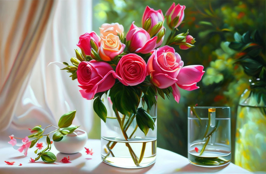 Pink Roses Bouquet in Glass Vase on Sunny Windowsill