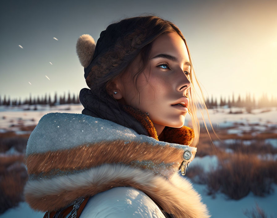 Woman in Winter Attire with Furry Hood in Arctic Twilight