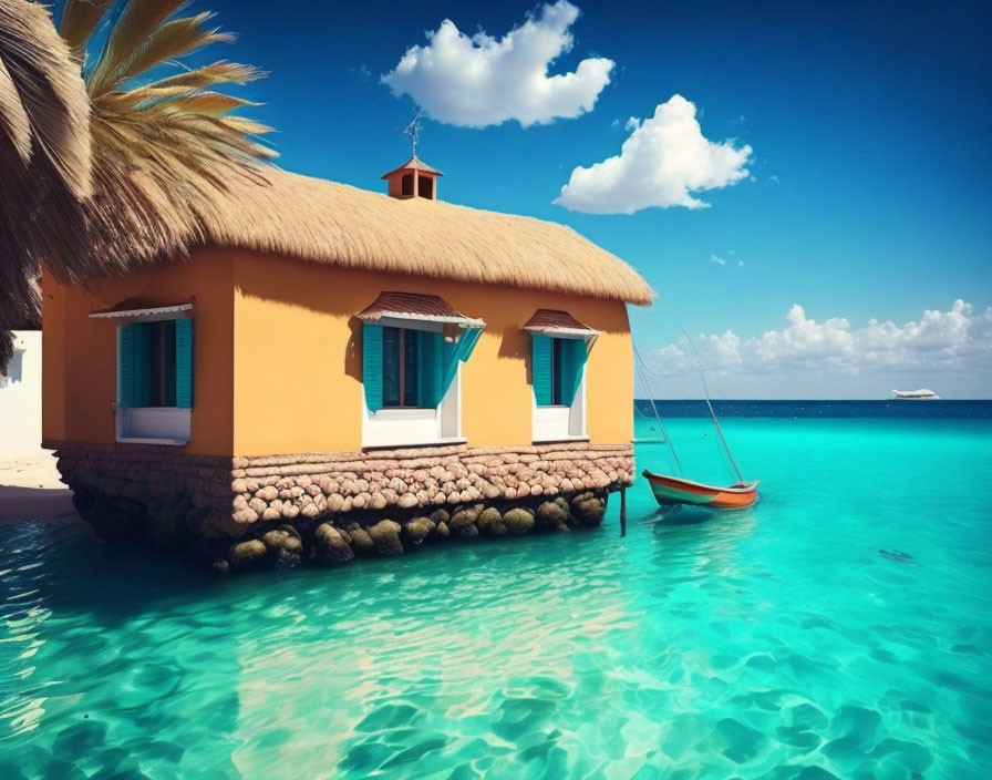 Thatched-Roof Hut Over Turquoise Waters and Boat on Tranquil Beach