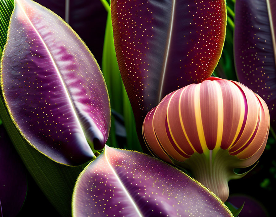 Detailed Close-up of Vibrant Fantasy Plants with Purple Bioluminescent Leaves